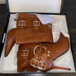 Faux Leather Buckle Detail Pointed Toe Knee High Boots